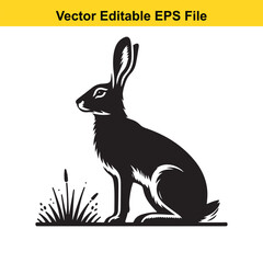 Vector illustration of a rabbit sitting in the grass, black silhouette on white background