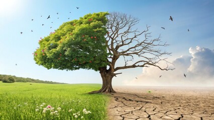 Nature's struggle a tree's journey through seasons a contrast of life and death landscape environmental changes dramatic viewpoint