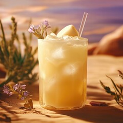Golden cocktail, garnished with flowers, on sand