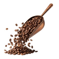 Fototapeta premium A coffee scoop full of roasted beans, with some spilling out isolated on white background