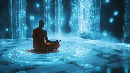 A serene monk meditating in a futuristic blue virtual space that symbolizes tranquility and spiritual awakening amidst a digital landscape. - Powered by Adobe