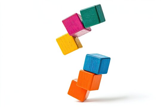 Colorful wooden blocks in a dynamic, slightly unbalanced stack against a white background