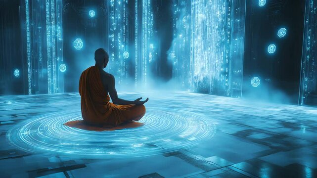 A serene monk meditating in a futuristic blue virtual space that symbolizes tranquility and spiritual awakening amidst a digital landscape.