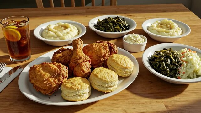 A delicious Southern meal with fried chicken, sides, and iced tea.