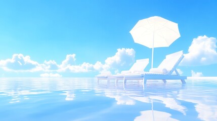 White sun loungers and umbrella on a calm sea.