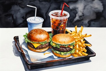 burgers with French fires and drinks menu combo at the table of fast food restaurant appetizing illustration