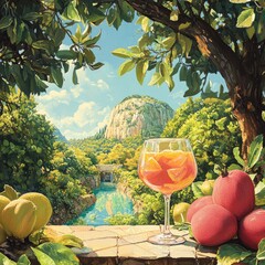 Serene summer drink, lush landscape view