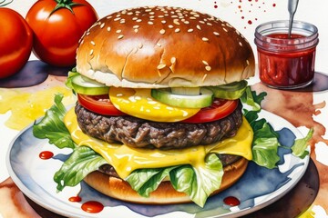 juicy burger with cheese and tomato, lettuce and pickle with tomato sauce  on white plate on the table appetizing illustration