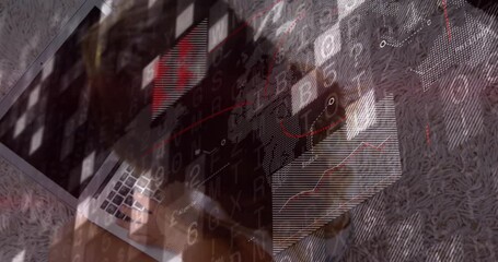 Girl on carpet pressing keys, generating data blocks and scrolling charts analyzing tech trends - Powered by Adobe