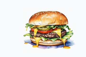 juicy burger with cheese and tomato, lettuce and pickle  on white background  appetizing illustration