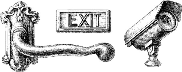 Vintage door handle with exit sign and security camera illustration