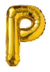 Gold Foil Letter P Balloon isolated on white background. Golden party decor
