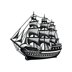 A Vintage engraving-style illustration of a large sailing ship silhouette design. © SagorKundu