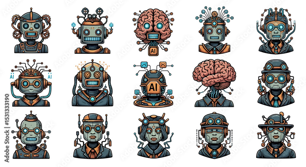 Poster vector icons set of collection of steampunkinspired ai robots and brains with detailed mechanical el