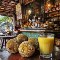 Durian fruit and juice at a bustling Asian cafe