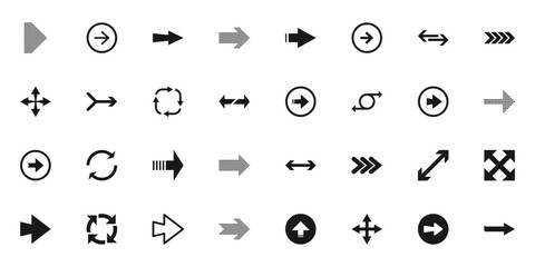 Set of 32 black arrows, cursors, pictograms, pointers, markers. Vector illustration isolated on white background