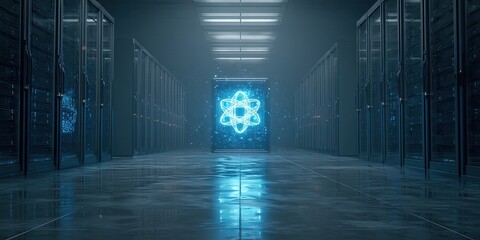 Empty server room, glowing atom symbol