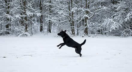 Black Labrador Joyfully Jumping in a Snowy Winter Landscape