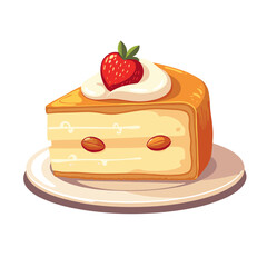 Financier almond cake vector, slice with cream and strawberry on transparent background, ideal for dessert menus, culinary blogs