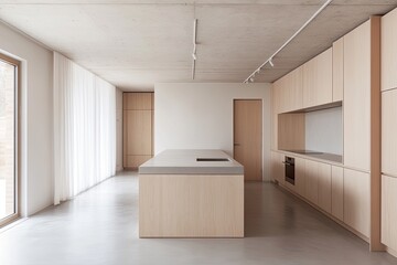 Light-filled modern kitchen with light wood cabinetry and concrete countertop