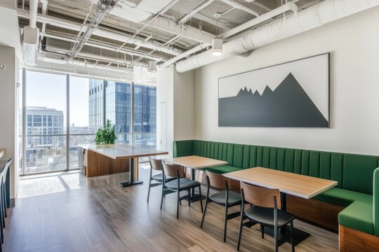 Modern, bright office breakroom with city views