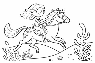 little girl with a horse, coloring page for kids
