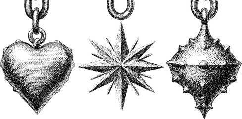 Metallic chrome heart and stud ornaments with detailed star design for artistic decoration