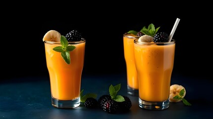 High-contrast, low-key lighting illuminates three glasses of orange smoothie garnished with blackberries, banana slices, and mint sprigs on a black background. Deep teal hues, luxurious and vibrant
