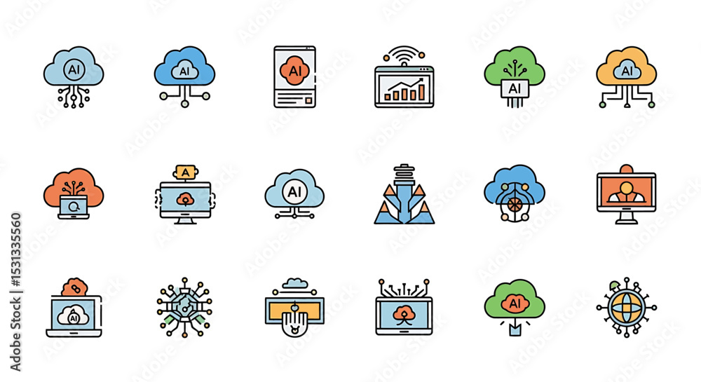 Poster vector icons set of colorful ai cloud computing icons set network data and technology symbols. vecto