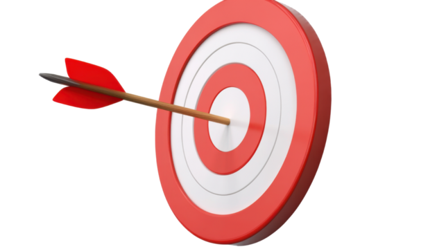 red and white target with an arrow hitting the center on white background