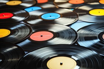 Close-up view of many vinyl records, various colors