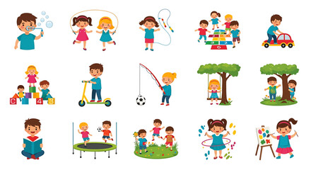 Vector icons Set of  Colorful Children Engaging in Diverse Playful Activities. Vector Illustrations