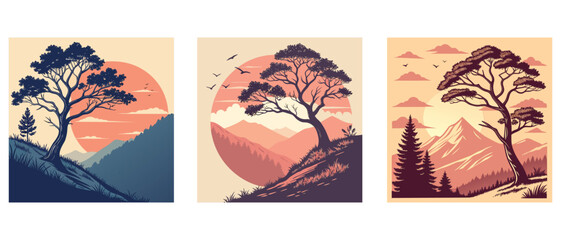 Vintage Sunset Mountain Landscape with Tree Illustration Vector Bundle.  Lone Tree Sunset Landscape Vector Set. Vintage Sunset Tree and Mountain Landscape T-Shirt Design for Nature Lovers