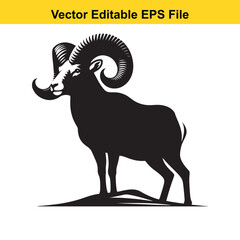 Majestic Ram Silhouette: Vector Editable EPS File, Black and White Wildlife Illustration