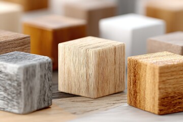 Close-up of various wooden cubes.  Colorful wood blocks,  different shades and textures.  Focus on wood grain