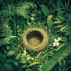 Empty bird's nest nestled amidst lush greenery