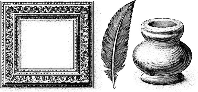 Ornate bookplate set with ex libris frame and quill inkpot design for vintage decoration
