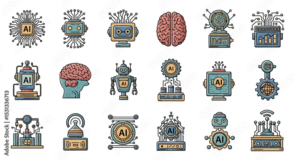 Poster vector icons set of colorful collection of airelated icons featuring robots brains and circuitry. ve