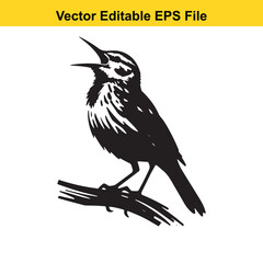A black and white vector illustration of a bird singing on a branch