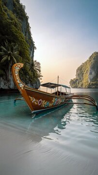 Ornate wooden outrigger boat, 'Lumba Lumba', rests in calm turquoise water near lush green cliffs at sunset. The scene evokes tranquility and tropical paradise.