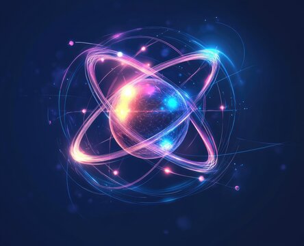 Abstract atom graphic, glowing particle orbits - Powered by Adobe