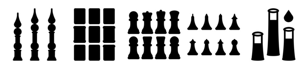 Black Silhouette Icons Depicting Diverse Concepts from Science to Games