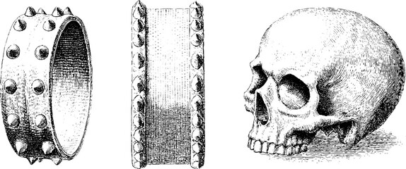 Gothic style accessories with spiked wristbands and skull emblem for alternative fashion design