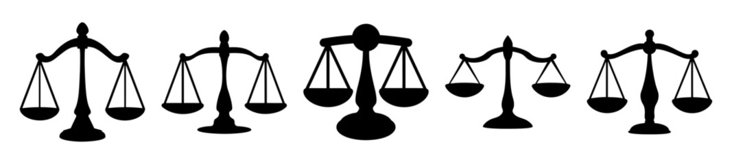 A collection of iconic scales of justice symbols in black silhouette