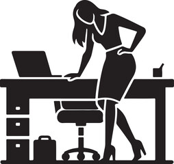 Silhouette of woman at desk with laptop, chair, drawers and briefcase in black and white