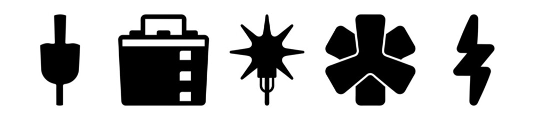Collection of five isolated black icons depicting different abstract symbols