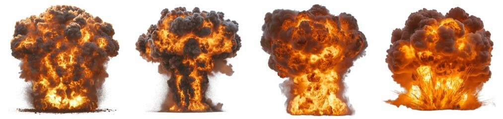 Set of various Explosion nuclear bomb boom effect isolated on transparent background
