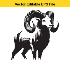 Majestic Ram with Large Curving Horns: A Black and White Vector Illustration