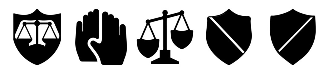 Black and White Icons Representing Justice, Protection, and Law Related Themes