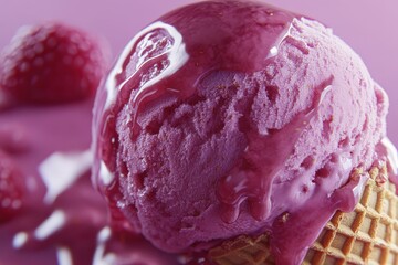 Close-up of a melting purple ice cream cone.